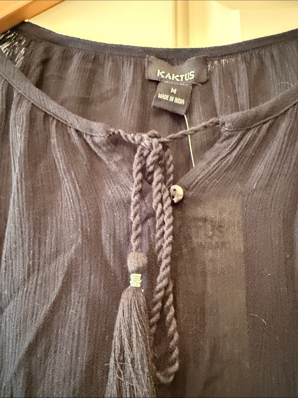 Kaktus Black Boho Peasant Tunic with Tassel Tie - Picture 6 of 7